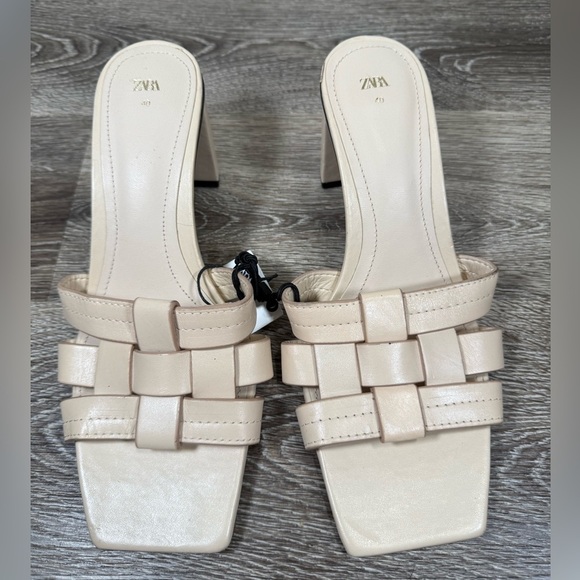 Zara Shoes Women sz9 Cream Heel Slides Leather Weave Sandals Neutral NEW w/Flaws - Picture 6 of 9